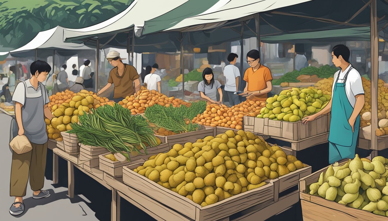 A bustling market stall displays fresh Bentong ginger in Singapore. Shoppers examine the vibrant roots, while a vendor arranges them in neat piles