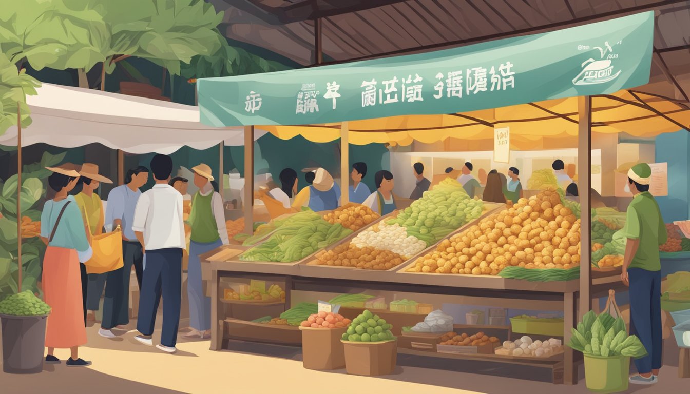 A vibrant market stall displays fresh Bentong ginger, with a sign detailing its health benefits and culinary uses. Shoppers browse the selection, eager to buy