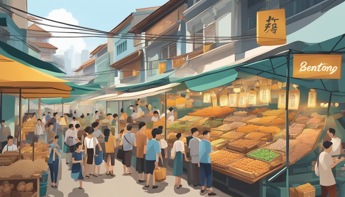 A bustling market stall in Singapore, with vibrant signs advertising "Bentong Ginger" and a crowd of customers asking for the sought-after product