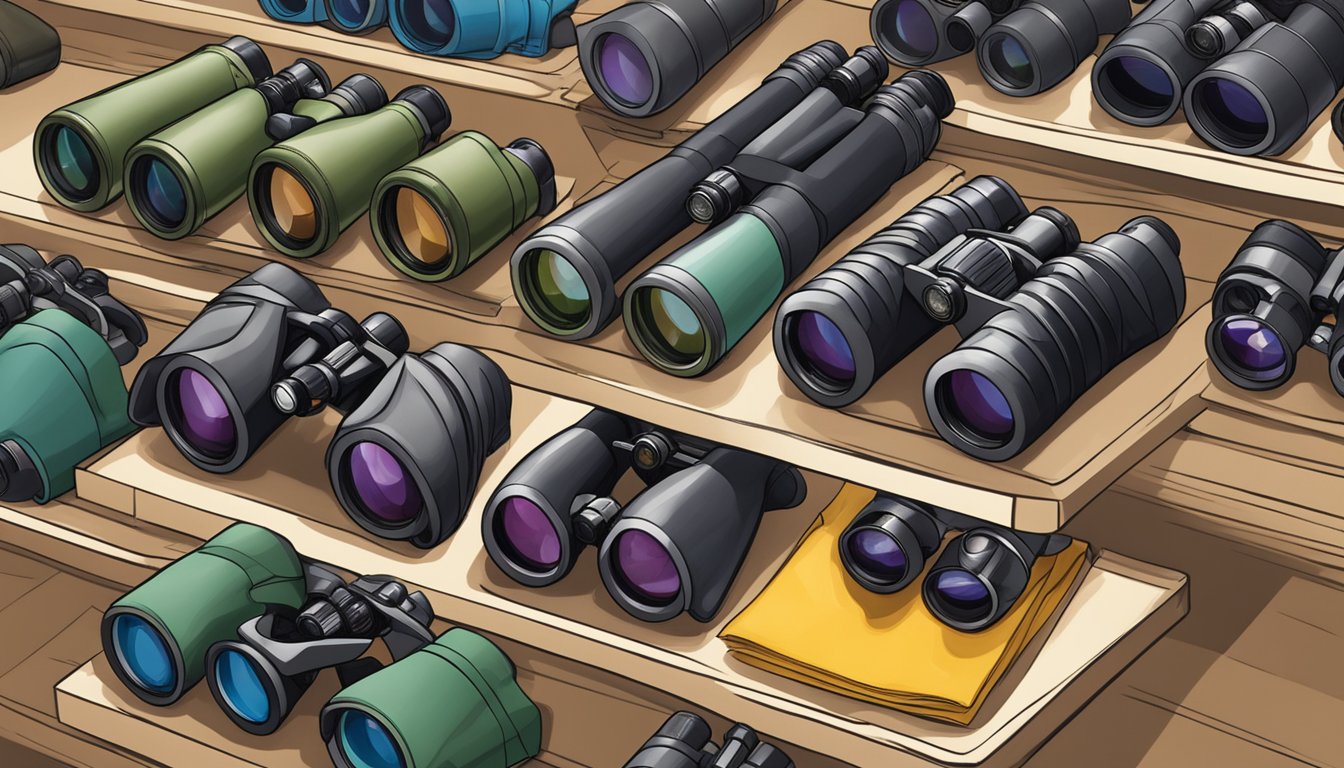 A display of various binoculars at a store in Singapore, with price tags and specifications clearly visible