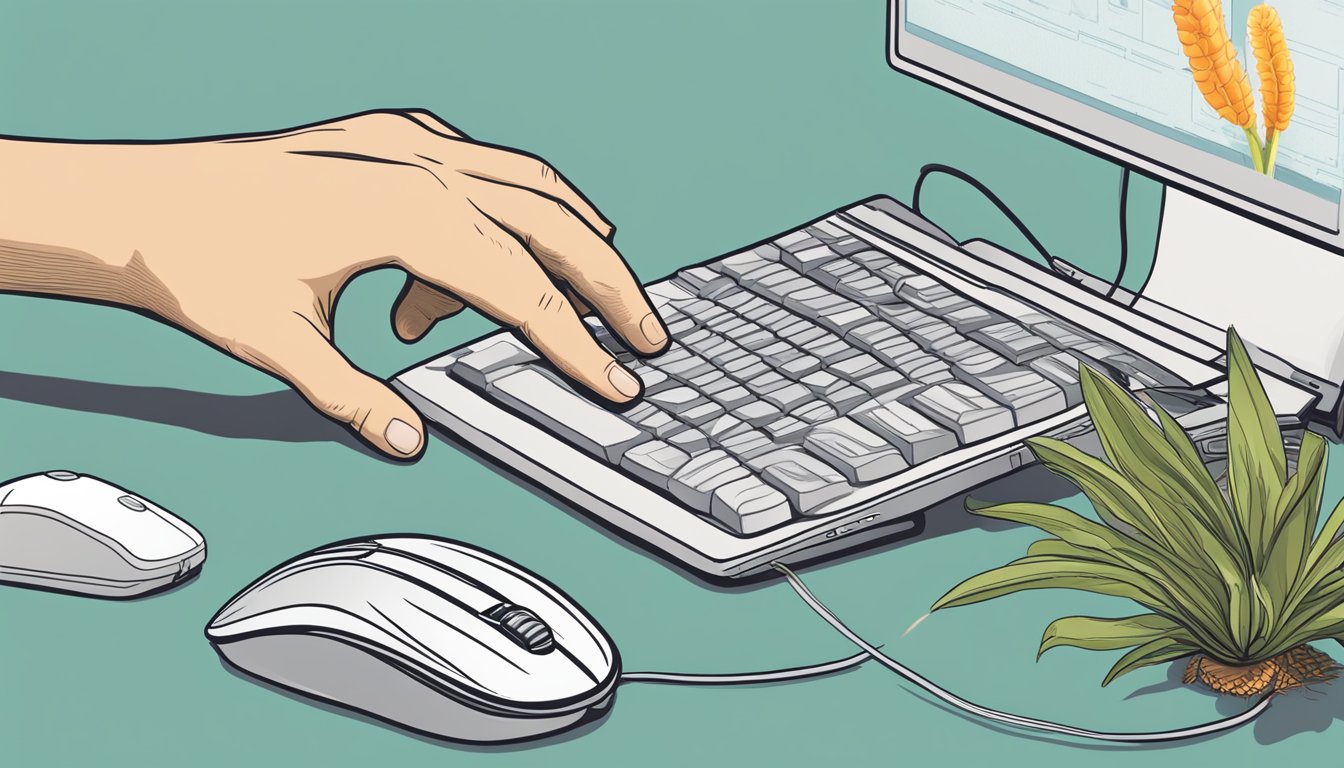 A hand reaching for a computer mouse, with a screen displaying "cordyceps buy online" and a cursor hovering over the purchase button