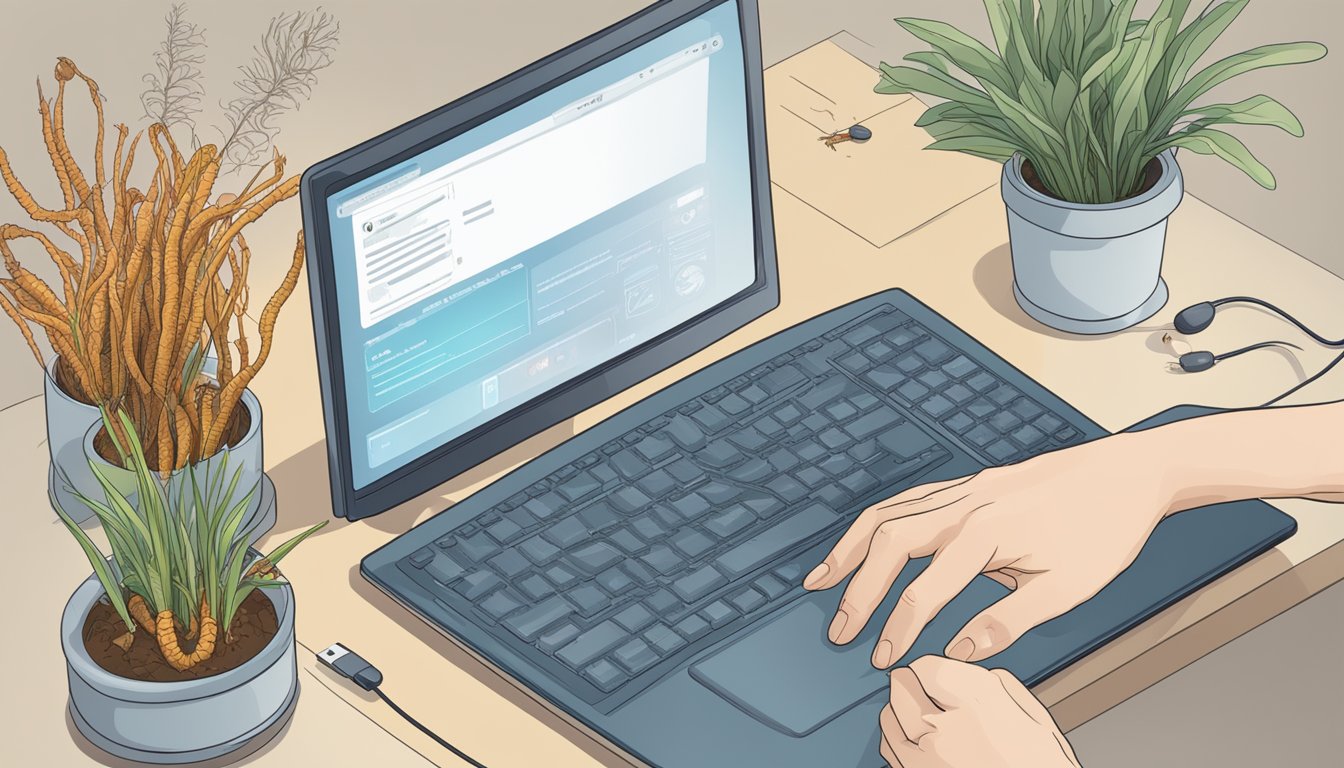 A hand reaches for a computer mouse, clicking "cordyceps buy online." The screen displays various options for purchasing the fungus, with detailed descriptions and customer reviews