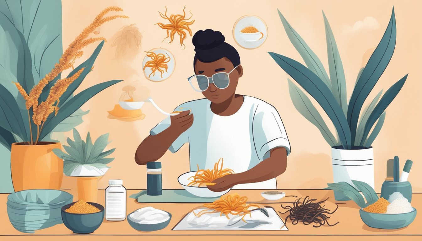 A person adding cordyceps to their daily routine, feeling energized and healthy. The product is purchased online, with a focus on its health benefits
