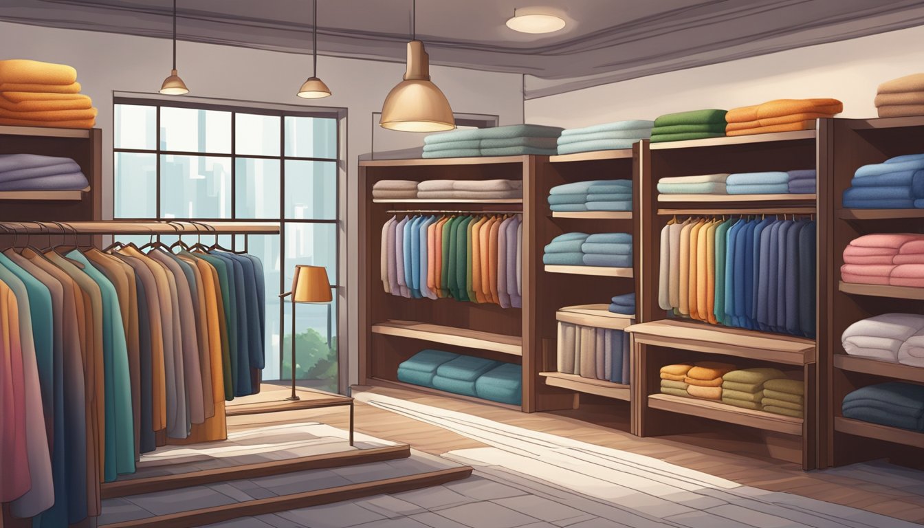 A cozy blanket shop in Singapore, with colorful and soft options neatly displayed on shelves, inviting customers to touch and feel the quality fabrics