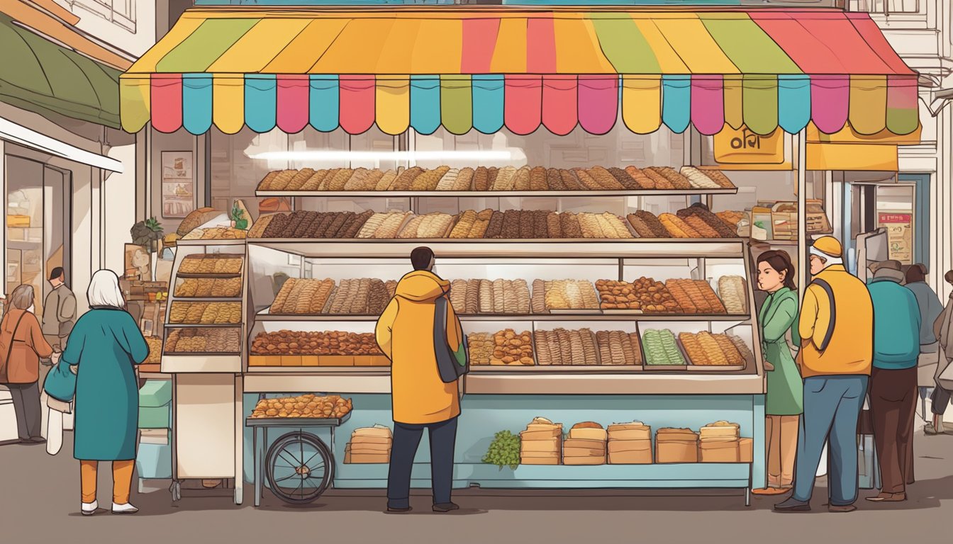 A bustling market stall displays an array of freshly filled cannoli, with colorful signage and eager customers in the background