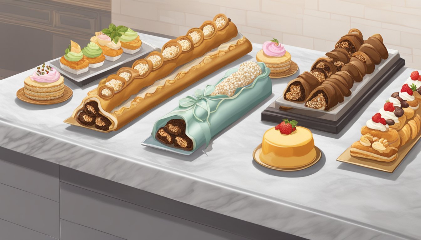 A colorful display of cannoli lined up on a marble countertop, surrounded by Italian pastries and desserts. The shop's name is prominently featured in the background