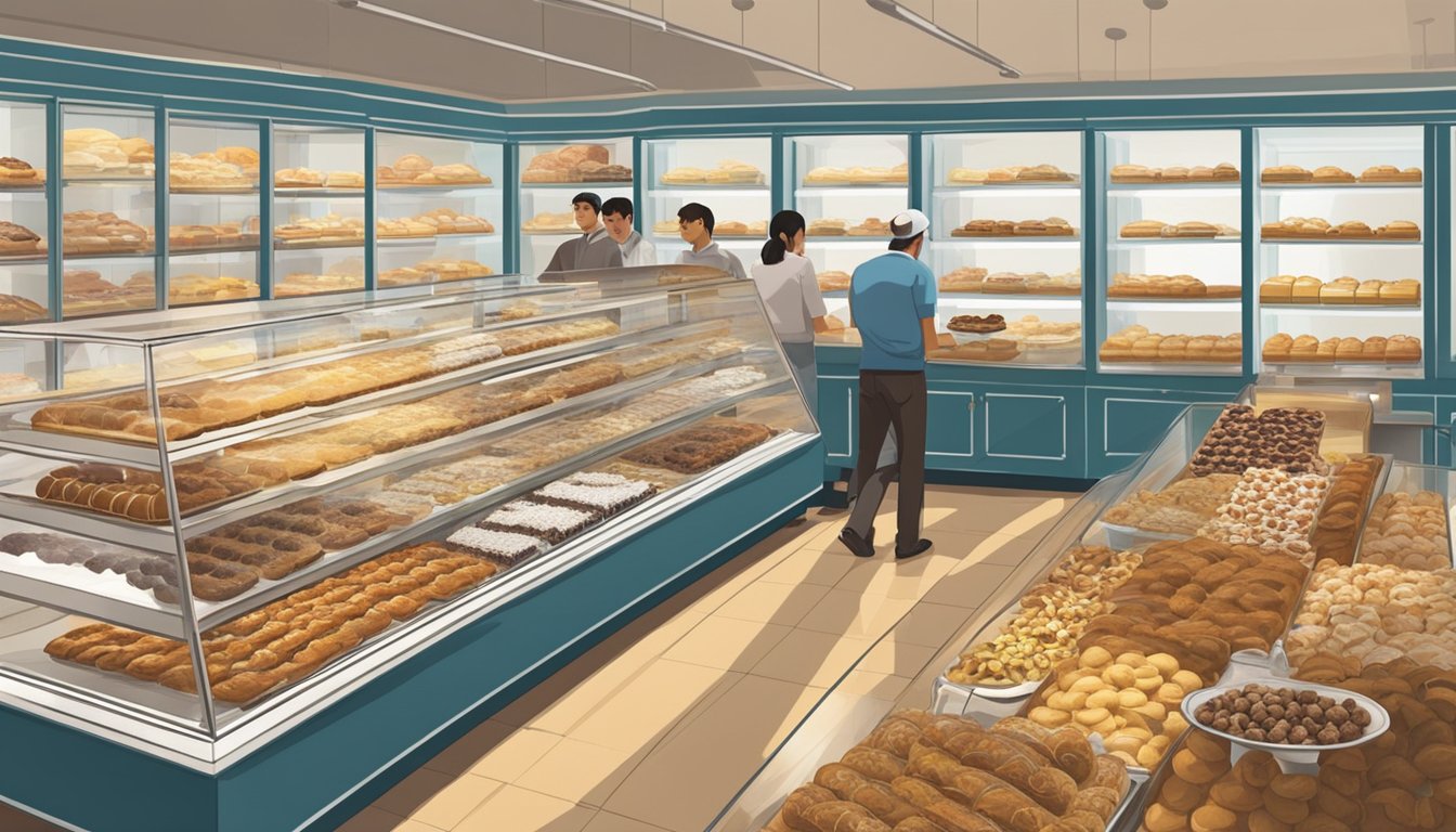A bustling Italian bakery in Singapore, display cases filled with rows of freshly baked cannoli. Customers eagerly selecting and purchasing the sweet treats