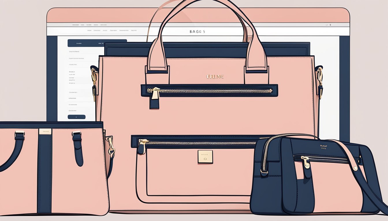 A computer screen displaying various Celine bags for sale online, with a sleek and modern website design