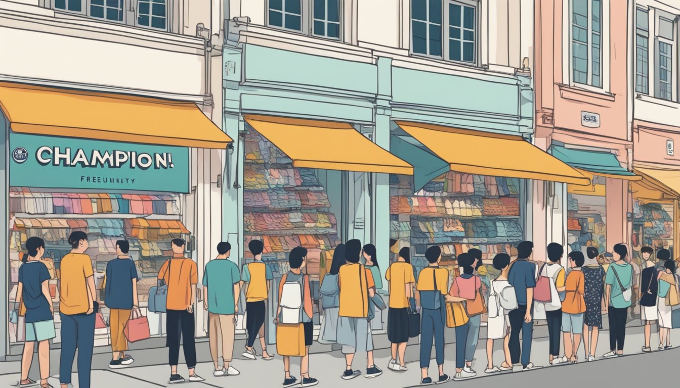 A crowded street in Singapore with a prominent storefront displaying "Champion" clothing. Shoppers are browsing and a sign reads "Frequently Asked Questions."