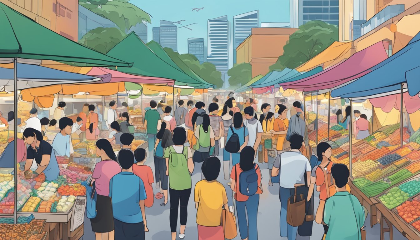 A bustling street market in Singapore, with colorful stalls selling cheap Casio watches. Shoppers browse the selection, while vendors call out their prices