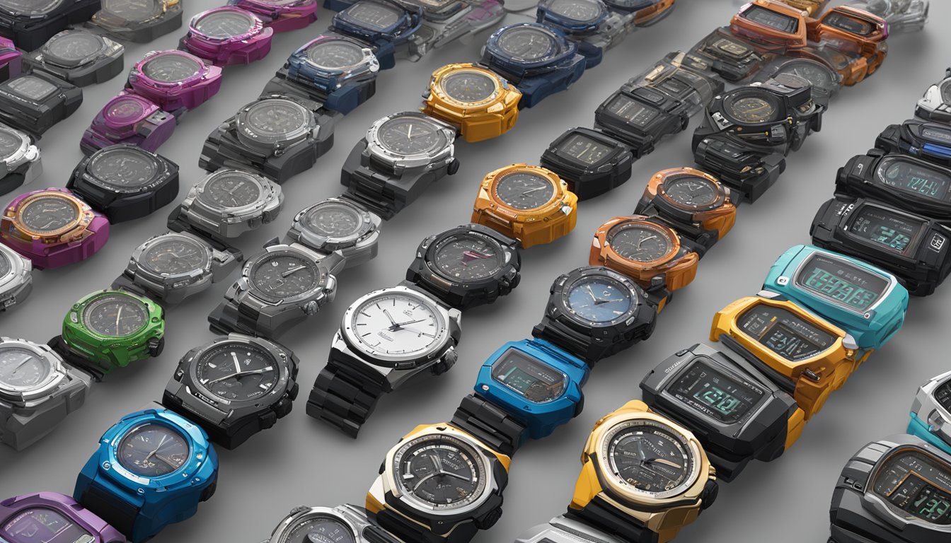 A display of affordable Casio watches in a Singaporean store, with various styles and colors available for purchase