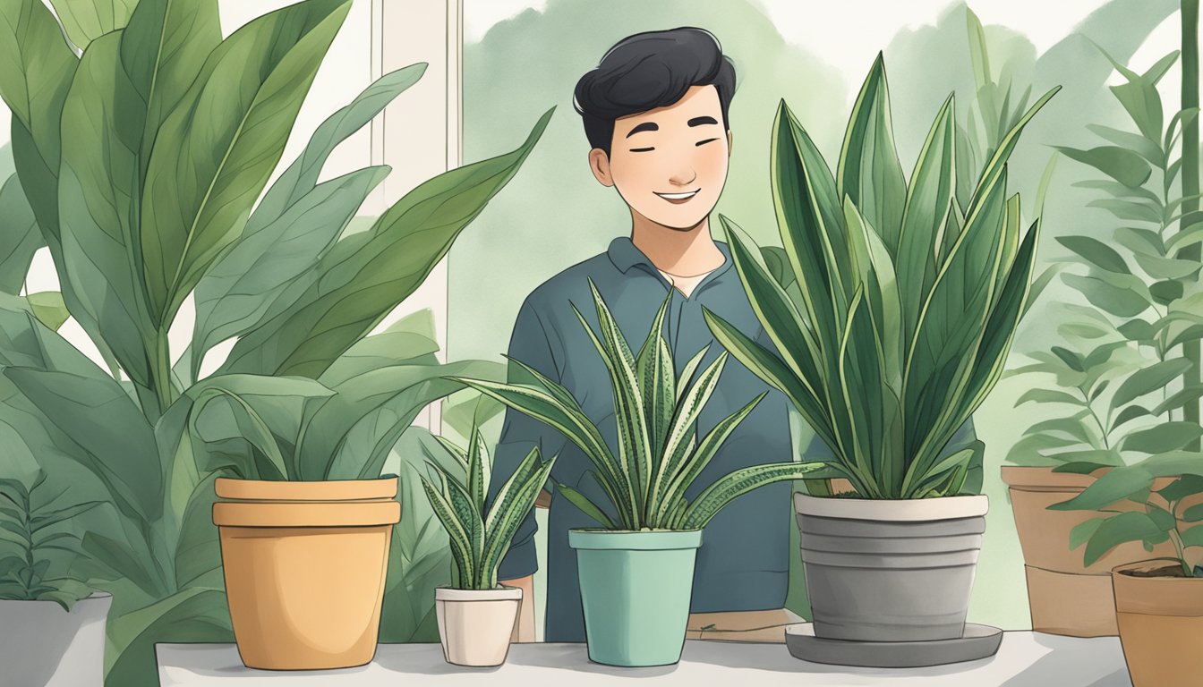 A person holding a potted snake plant in a Singapore garden