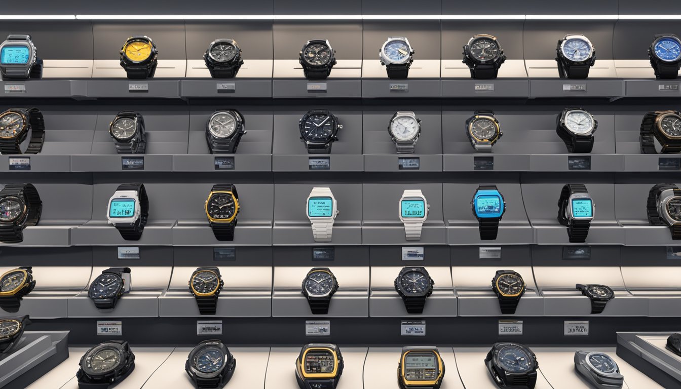 A display of Casio watches in a Singapore store, with price tags and various models on shelves