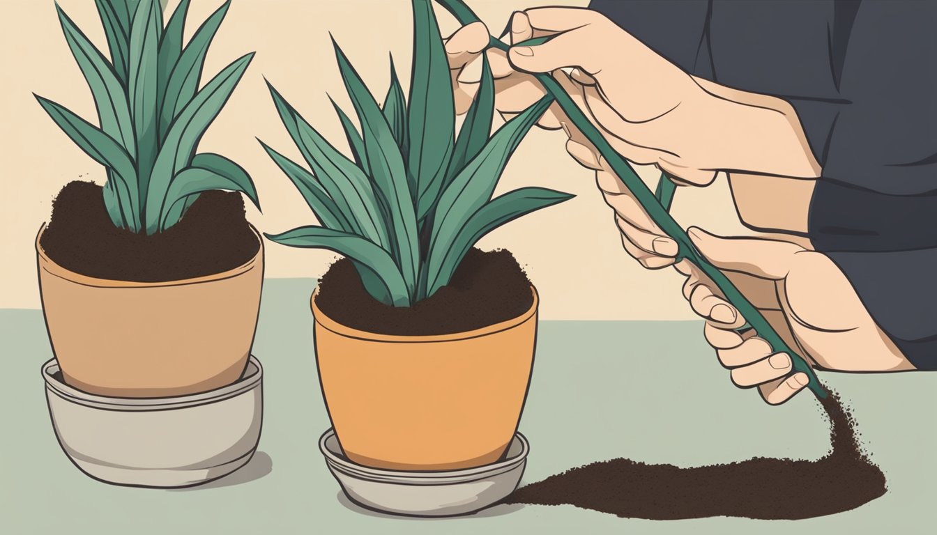 A pair of hands repotting a snake plant into a new pot, carefully tucking the roots into fresh soil