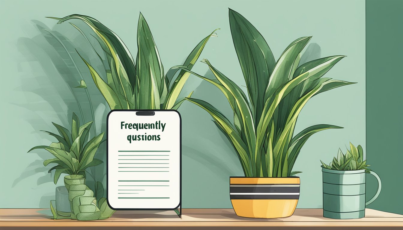 A snake plant displayed in a pot with a "Frequently Asked Questions" sign next to it