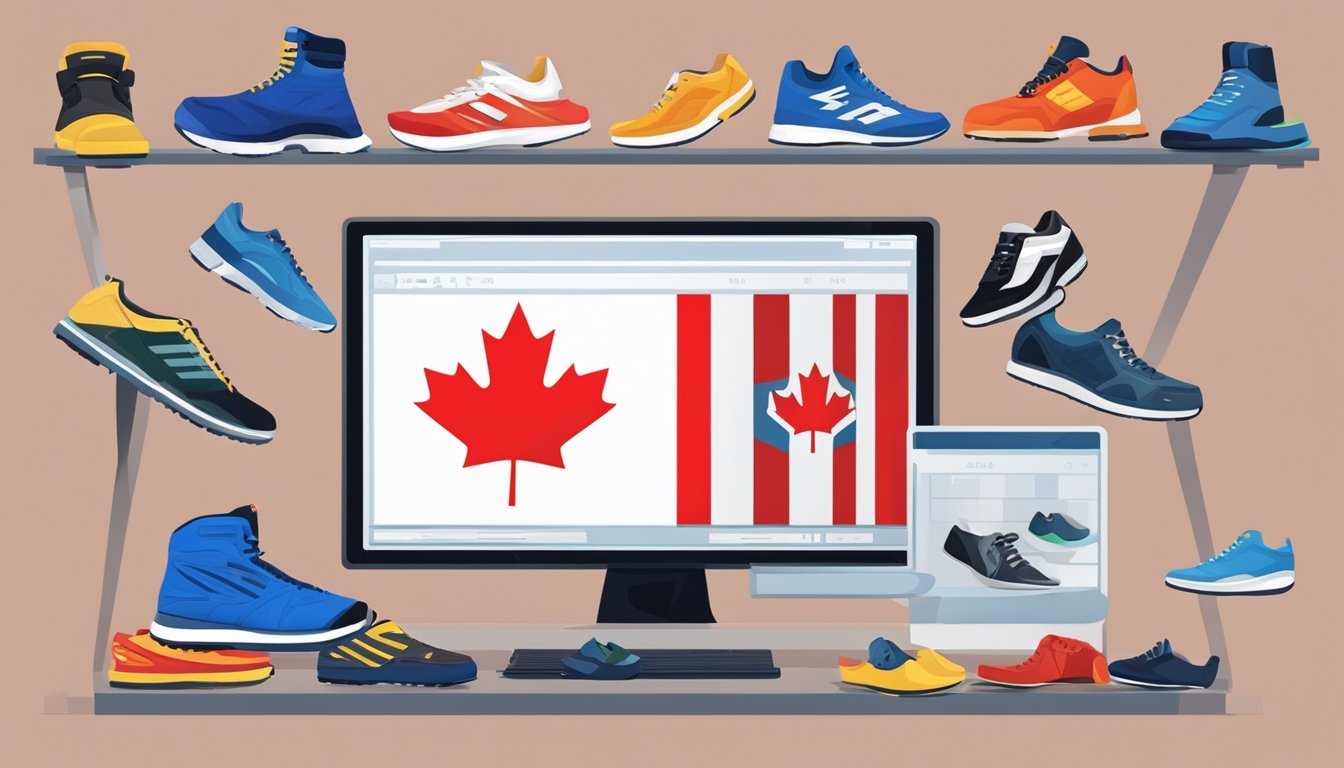 A computer screen displaying a variety of shoes with price tags, a Canadian flag in the background