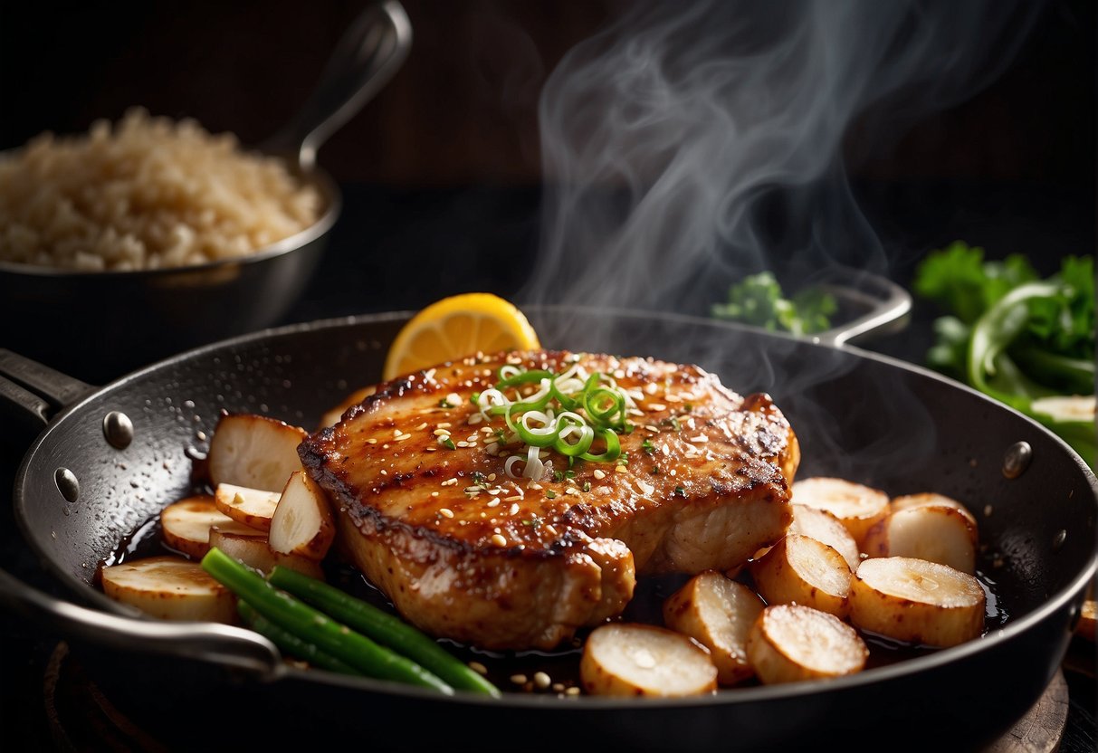 A sizzling pork chop is being fried in a wok, surrounded by garlic, ginger, and soy sauce. The aroma of the dish fills the air