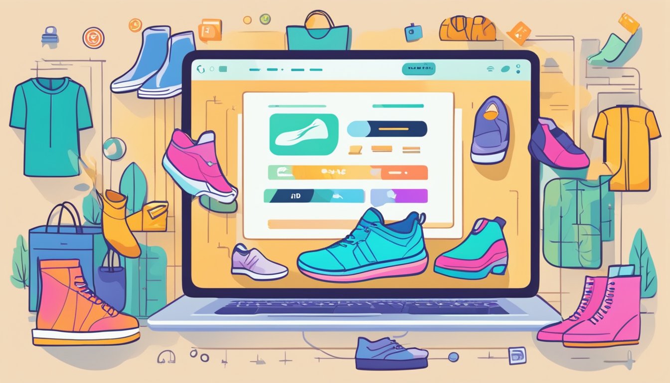 Colorful online marketplace logos surround a computer screen displaying affordable footwear options. Text reads "Where to buy cheap shoes online Canada."