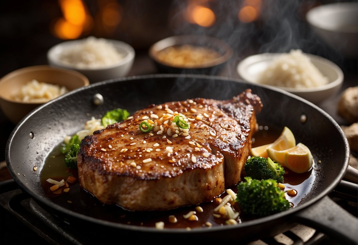 A sizzling pork chop is being fried in a hot pan, surrounded by aromatic garlic, ginger, and soy sauce. The meat is golden and crispy, ready to be served with fragrant Hainanese rice