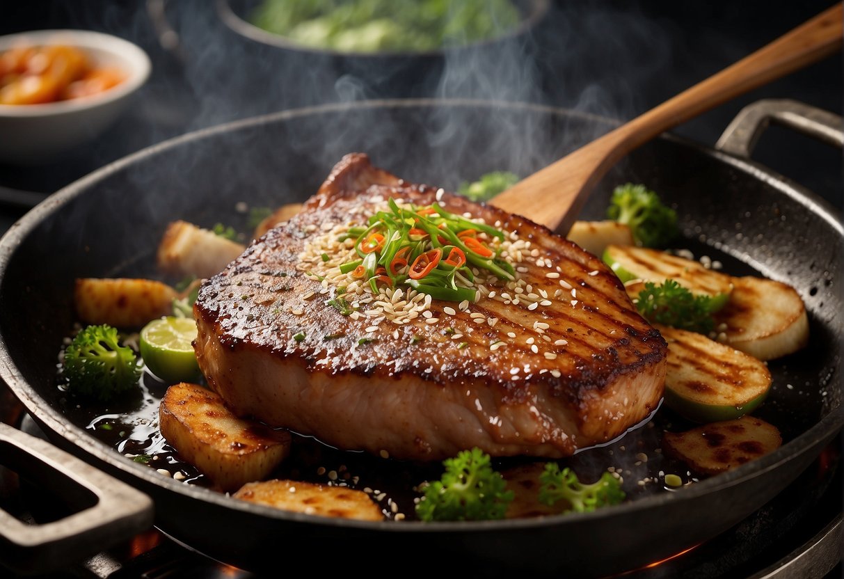 A sizzling pork chop is being fried in a wok with aromatic Hainanese spices and herbs, surrounded by essential Chinese ingredients like soy sauce and ginger
