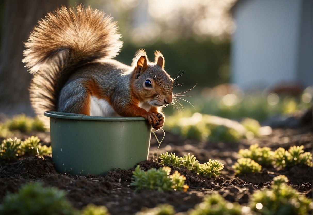 Squirrels digging in pots, bulbs scattered. Mesh wire covering pots, squirrels frustrated