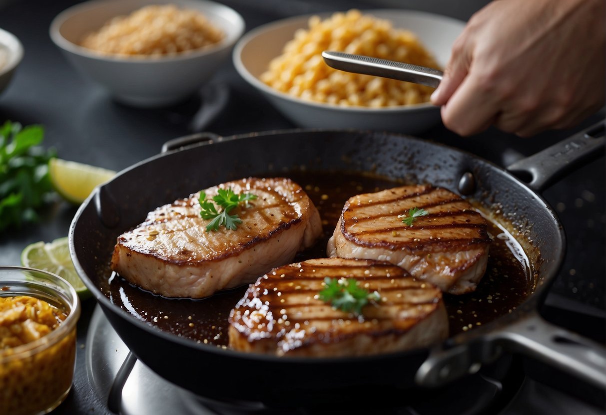 A chef marinates pork chops in soy sauce, ginger, and garlic. They then coat them in cornstarch before frying until golden brown