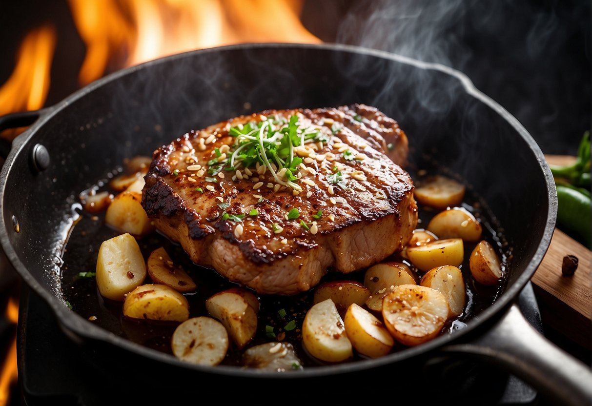 Pork chop sizzling in a hot pan, surrounded by garlic, ginger, and soy sauce. Steam rising, creating a mouth-watering aroma