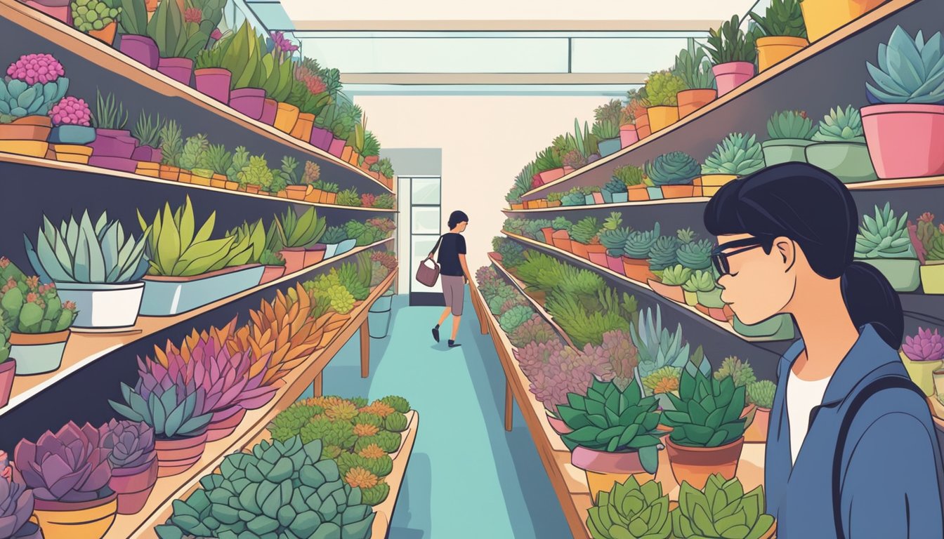 Customers browsing rows of colorful succulents at a budget-friendly shop in Singapore. Bright, vibrant plants fill the shelves, creating a lively and inviting atmosphere