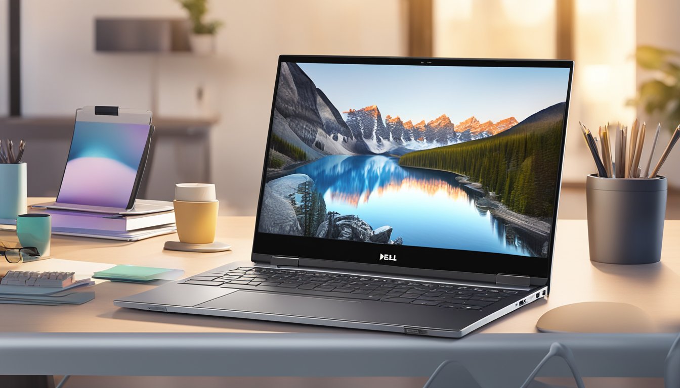 A Dell Inspiron 13 7000 laptop sits on a sleek desk, surrounded by modern office accessories. The soft glow of the screen illuminates the space, creating a warm and inviting atmosphere
