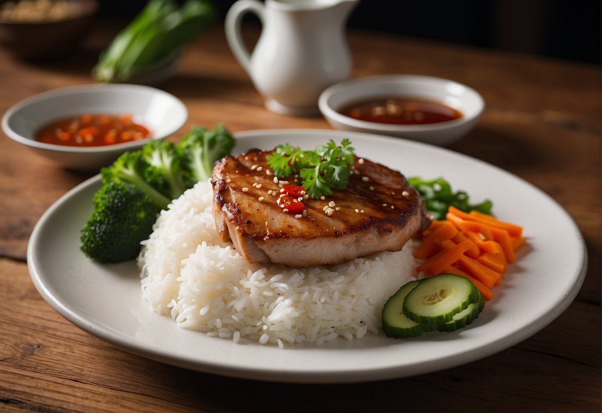 A plate of hainanese pork chop with steamed rice, pickled vegetables, and a side of chili sauce on a wooden table