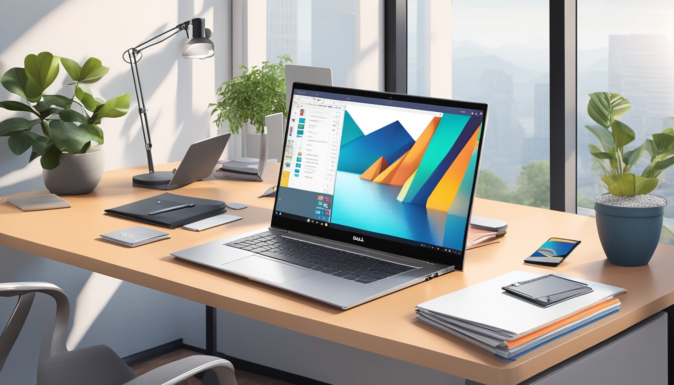 The Dell Inspiron 13 7000 sits on a sleek desk, surrounded by modern office accessories. Its slim, silver frame catches the light, and the vibrant display illuminates the room