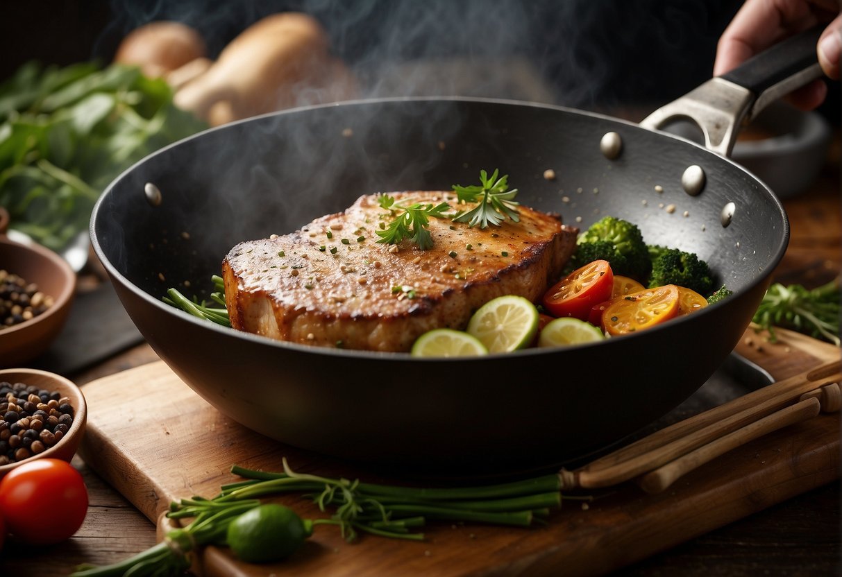 A sizzling pork chop is being fried in a wok, surrounded by aromatic spices and herbs. A chef's knife and cutting board sit nearby