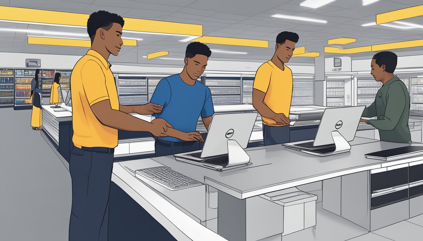 A customer selects the Dell Inspiron 13 7000 laptop at Best Buy. They input their purchasing options and personal information into the store's system