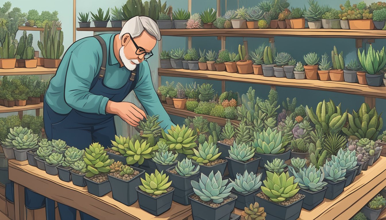 A customer carefully examines various succulents at a local nursery, comparing sizes and shapes before making a selection for their collection