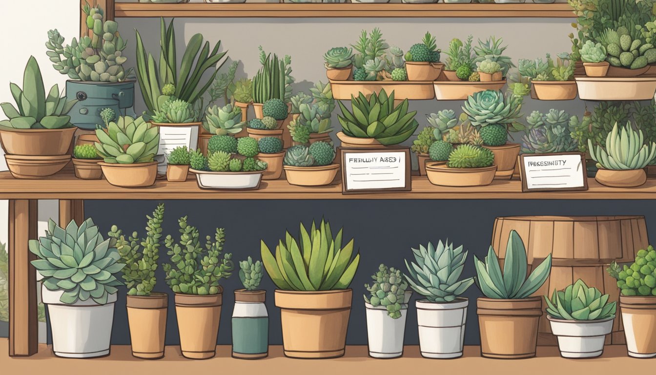 A table with various succulents in small pots, price tags displayed, customers browsing, a sign "Frequently Asked Questions" above