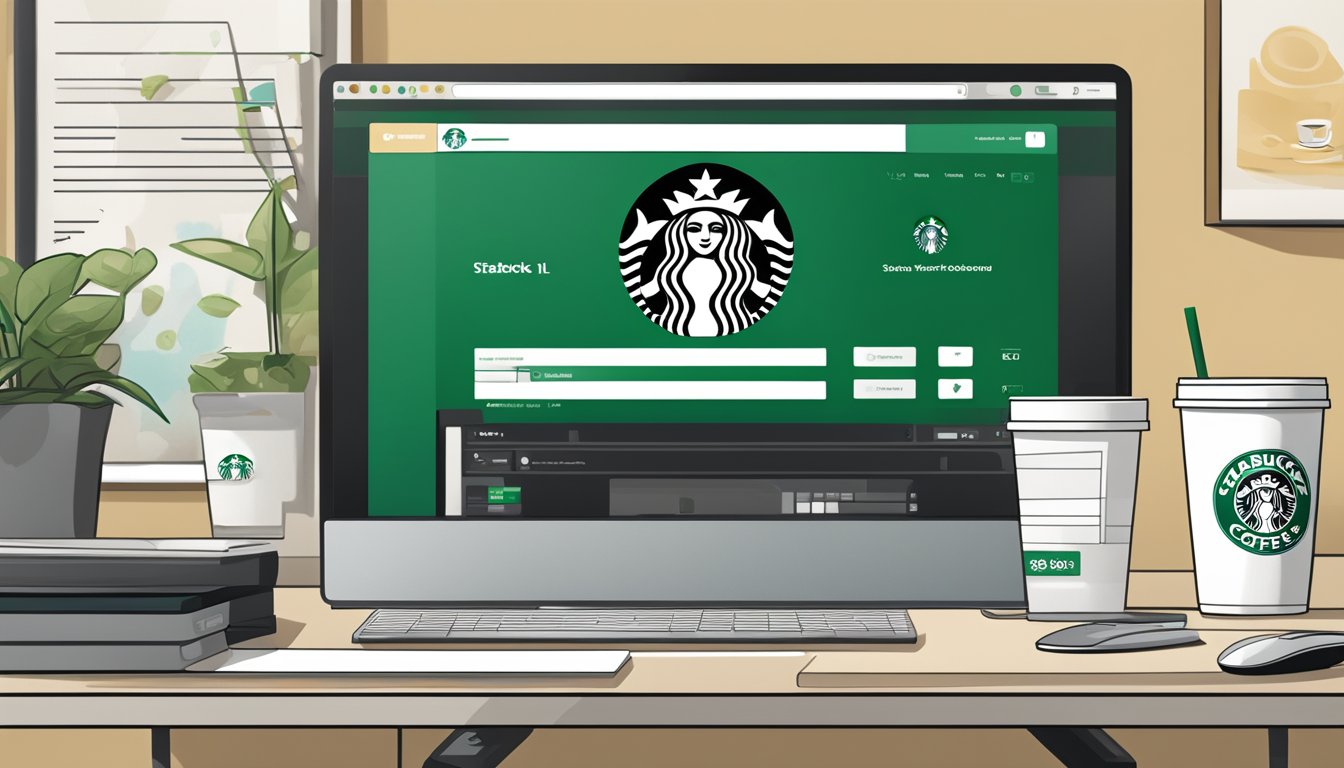 A laptop with a Starbucks tumbler on a desk, surrounded by a mouse and keyboard. An open web browser displays the Starbucks website