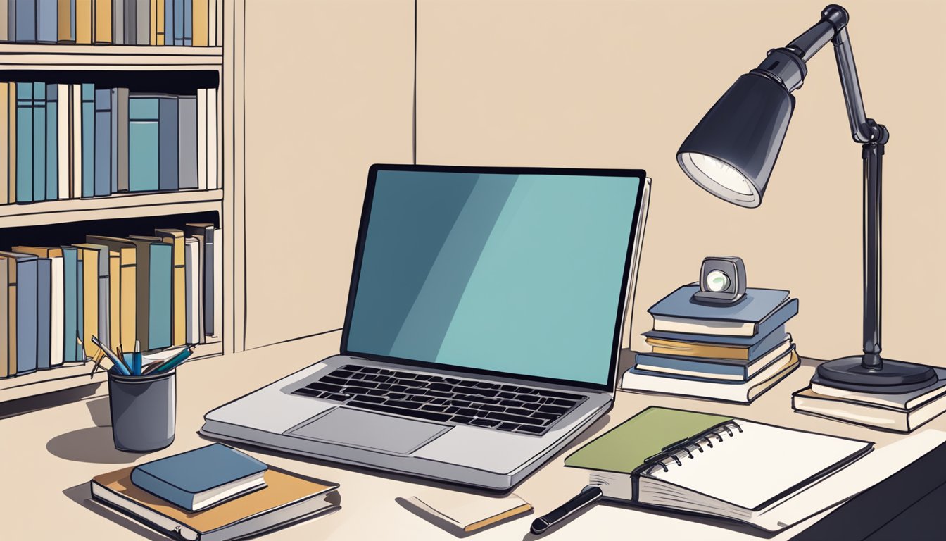 A laptop, books, and a lamp on a study table bought online