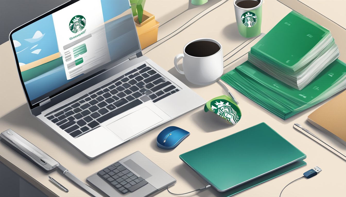 A laptop with a Starbucks tumbler displayed on the screen. A credit card and a mouse are nearby, ready for online purchase