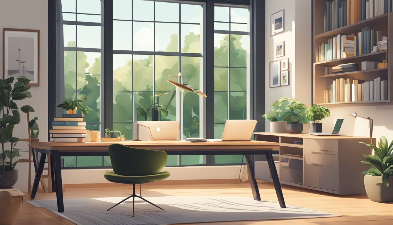 A bright, spacious room with a sleek, modern study table placed by a large window overlooking a lush garden. The table is adorned with neatly arranged books, a laptop, and a stylish desk lamp