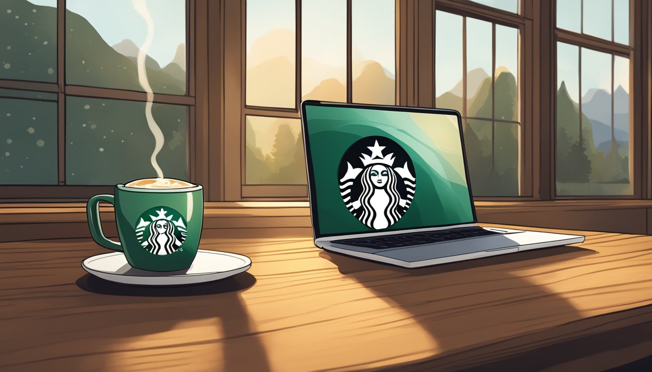 A Starbucks tumbler sits on a wooden table, surrounded by steaming coffee, a cozy sweater, and a laptop. The logo is prominently displayed, and the tumbler is positioned to catch the warm sunlight streaming through the window