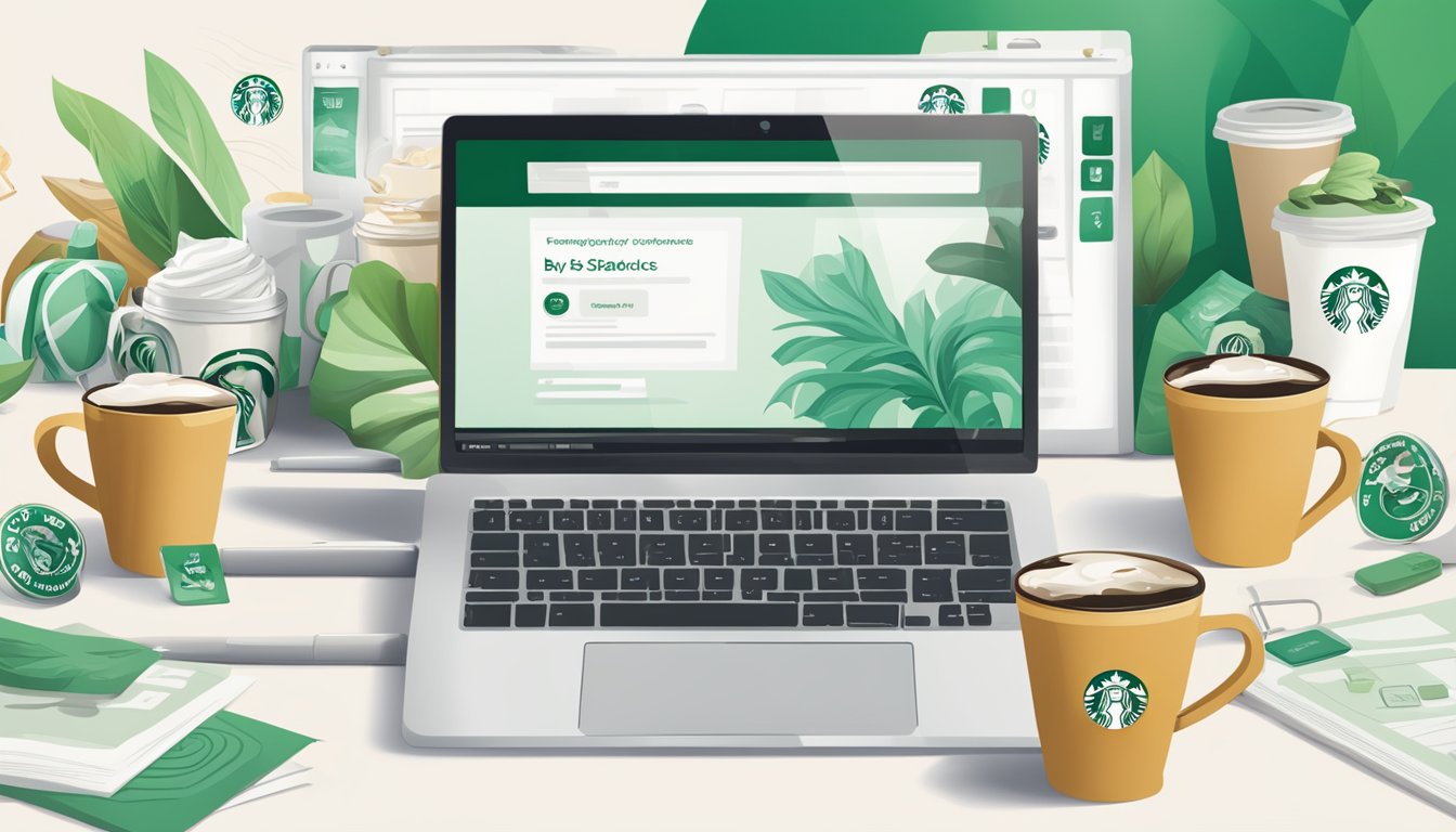 A laptop displaying a webpage with "Frequently Asked Questions buy starbucks tumbler online" surrounded by coffee cups and a stylized Starbucks logo