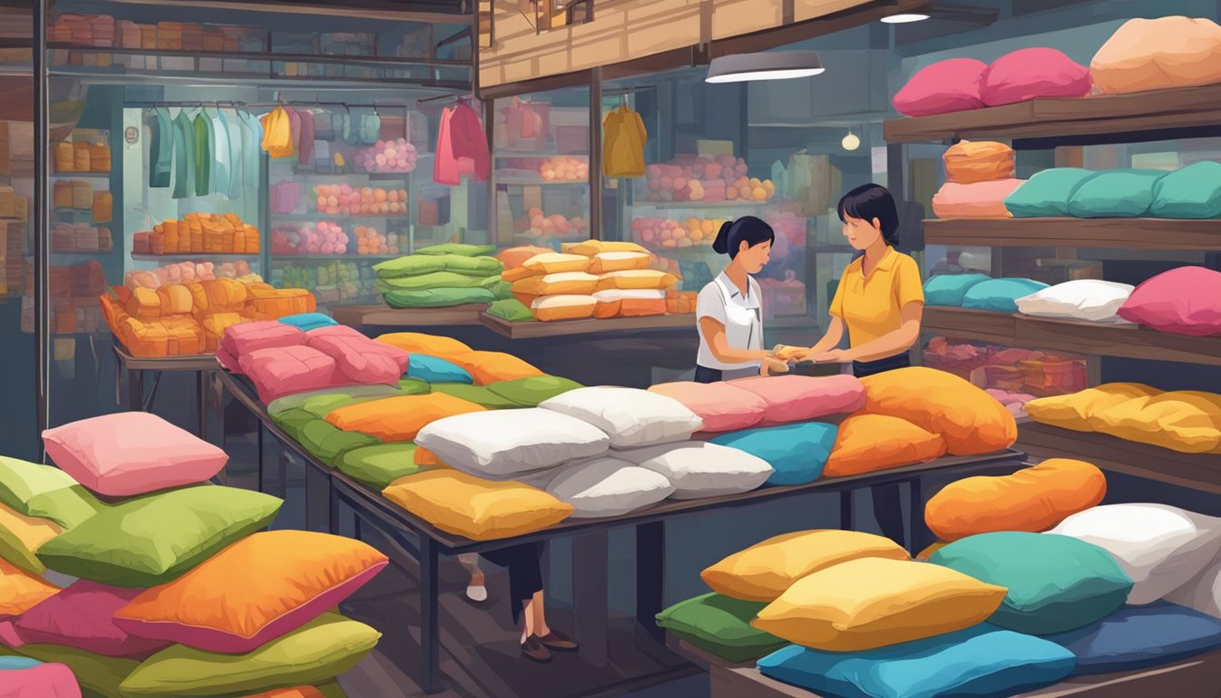 A bustling Singapore market stall displays a variety of coccyx cushions in vibrant colors and different sizes, with helpful sales staff assisting customers