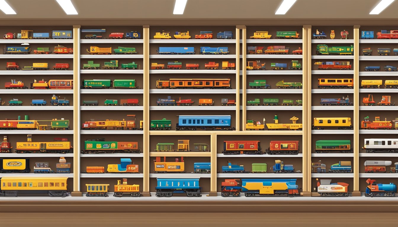 A colorful array of toy train brands arranged on shelves in a well-lit store