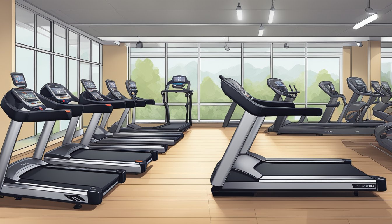 A row of popular treadmill brands lined up in a fitness equipment store, with logos and features prominently displayed