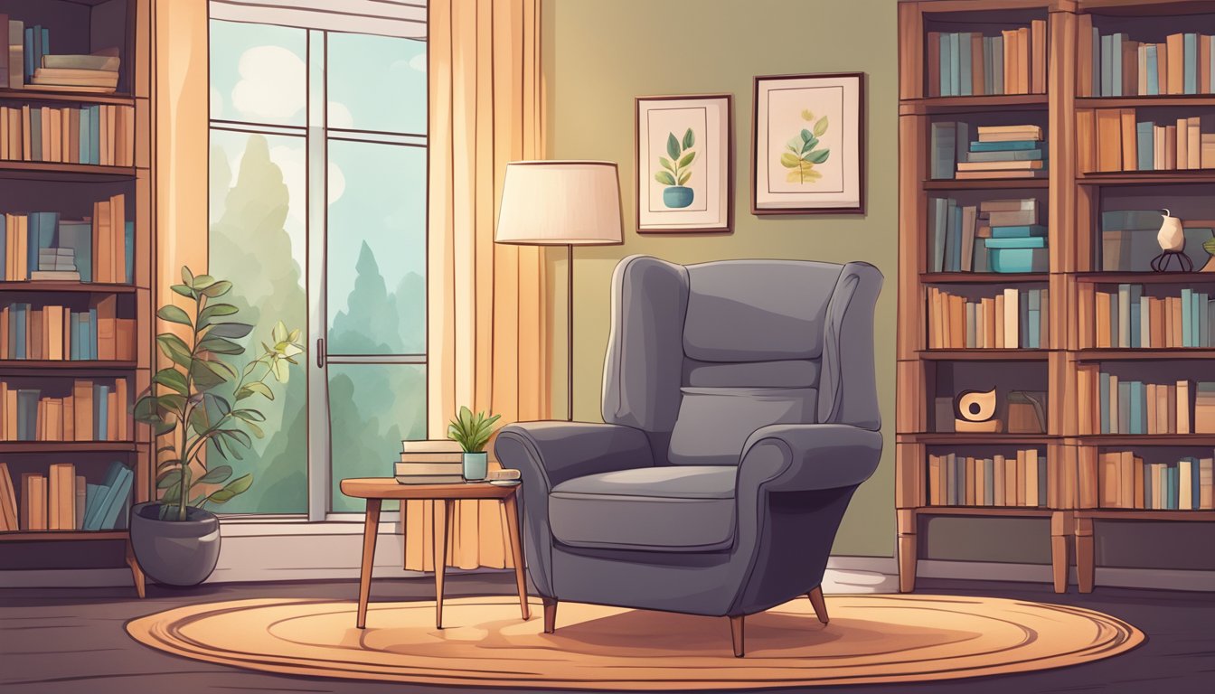 A cozy living room with a comfortable armchair, a side table with a cup of tea, and a bookshelf filled with health and wellness books