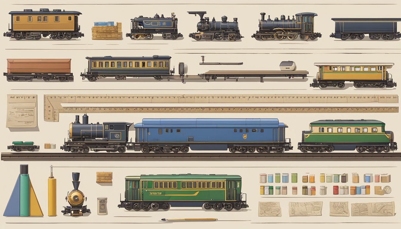 A table with various toy train brands' specifications spread out, surrounded by measuring tools and a notepad for reference