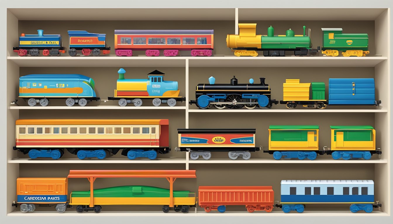 A display of toy trains from various brands arranged neatly on shelves, with colorful packaging and labels indicating "Frequently Asked Questions."