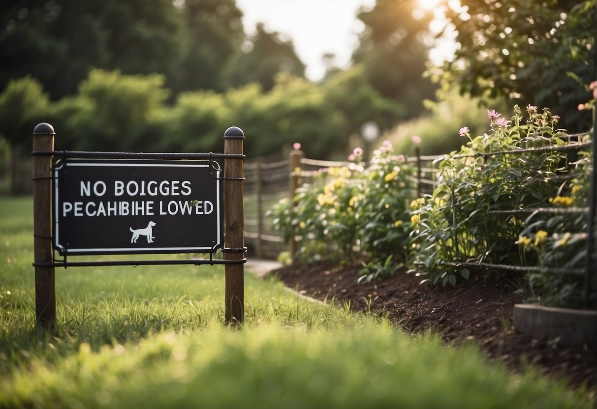 A sturdy fence surrounds a well-kept garden, with a sign reading "No dogs allowed." A motion-activated sprinkler system deters any curious canines from entering