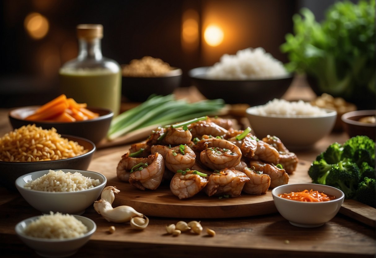 A kitchen counter with halal Chinese ingredients: soy sauce, ginger, garlic, green onions, and halal meat and seafood