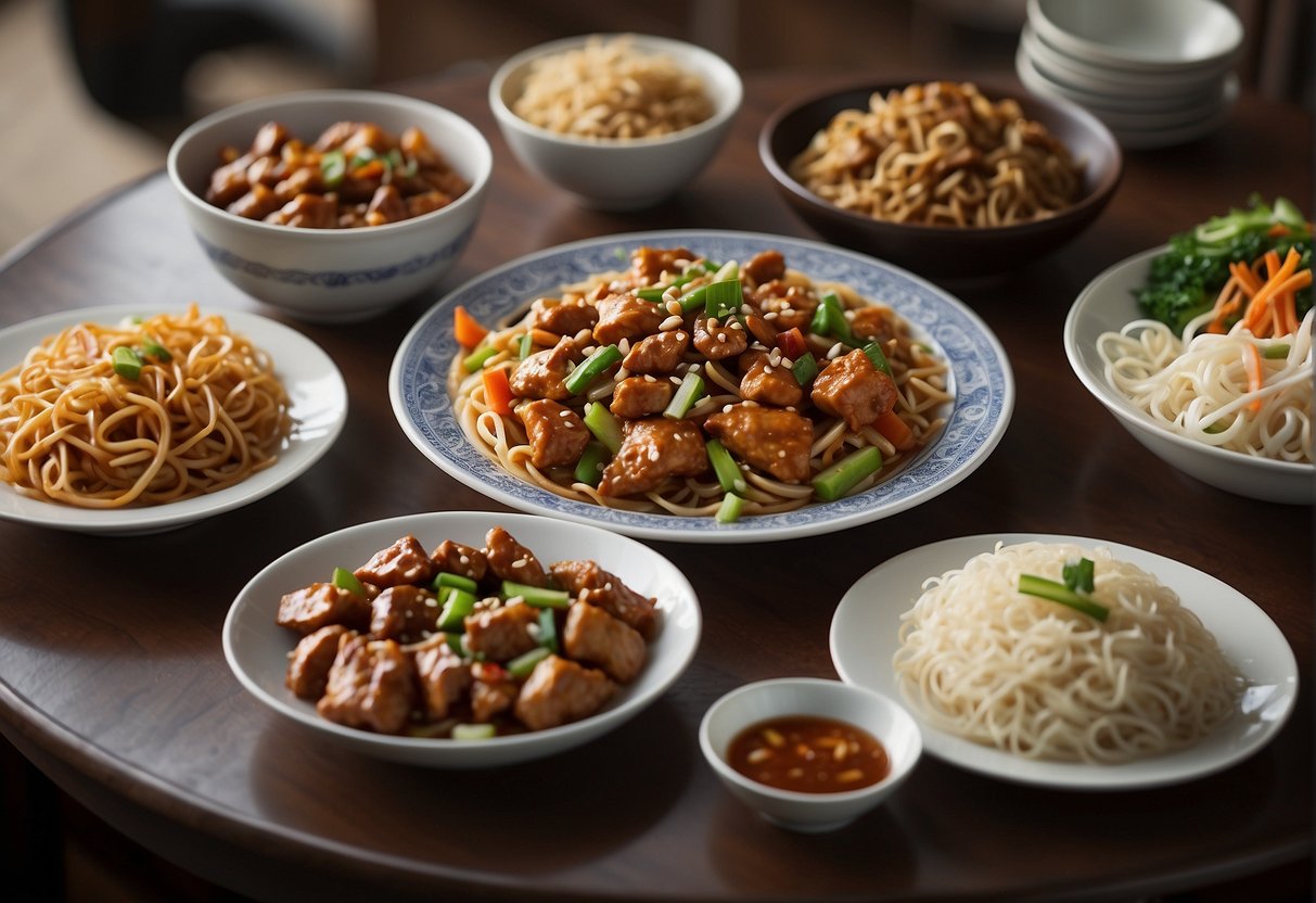 A table set with popular halal Chinese dishes, including kung pao chicken, beef chow fun, and vegetable lo mein, surrounded by chopsticks and decorative plates